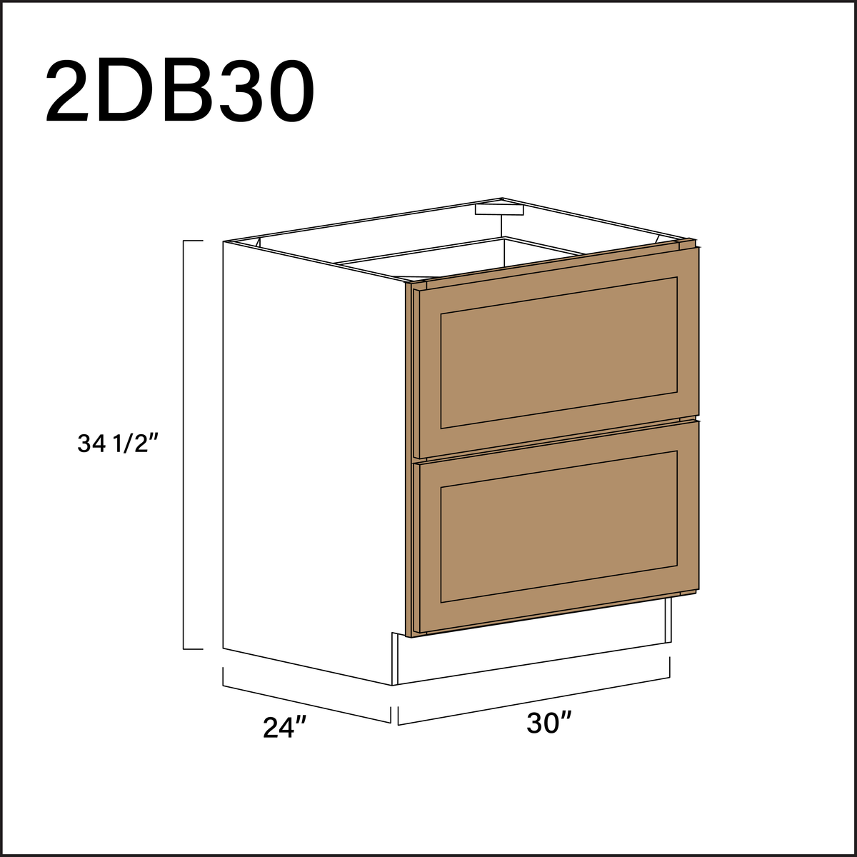 Wood Brown Shaker 2 Drawer Kitchen Base Cabinet - 30" W x 34.5" H x 24" D