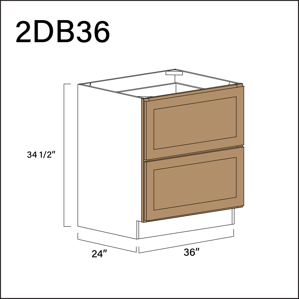 Wood Brown Shaker 2 Drawer Kitchen Base Cabinet - 36" W x 34.5" H x 24" D
