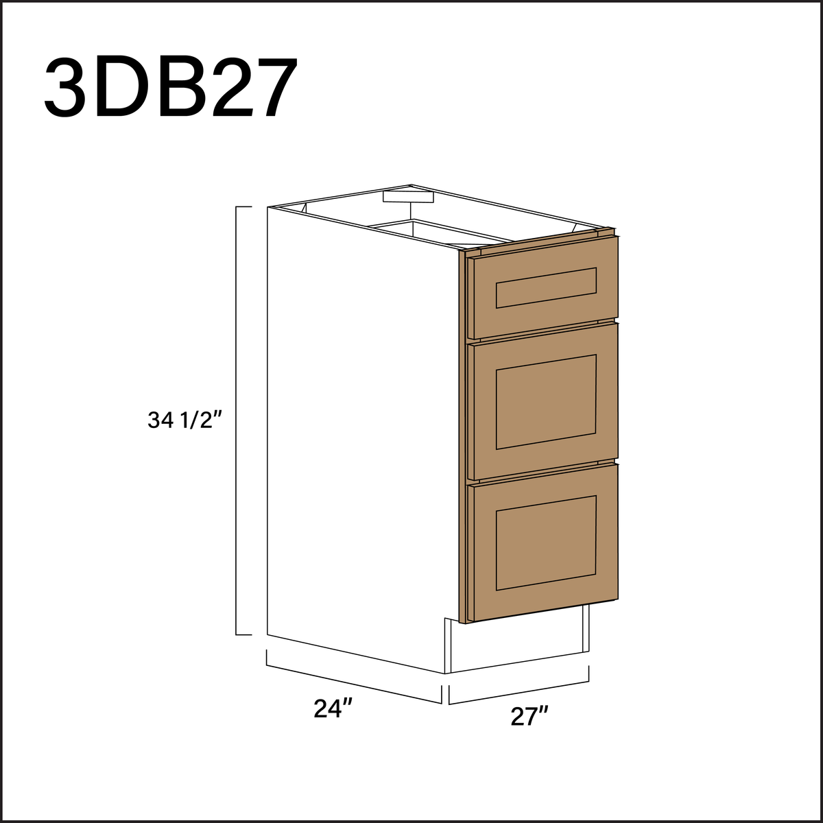 Wood Brown Shaker 3 Drawer Kitchen Base Cabinet - 27" W x 34.5" H x 24" D