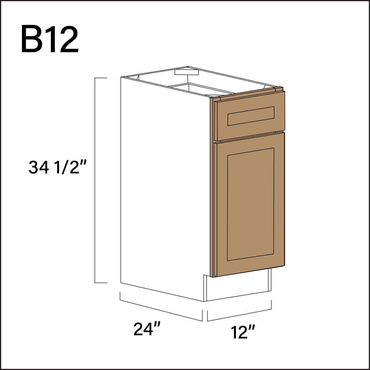 Wood Brown Shaker 1 Drawer 1 Door Kitchen Base Cabinet - 12" W x 34.5" H x 24" D
