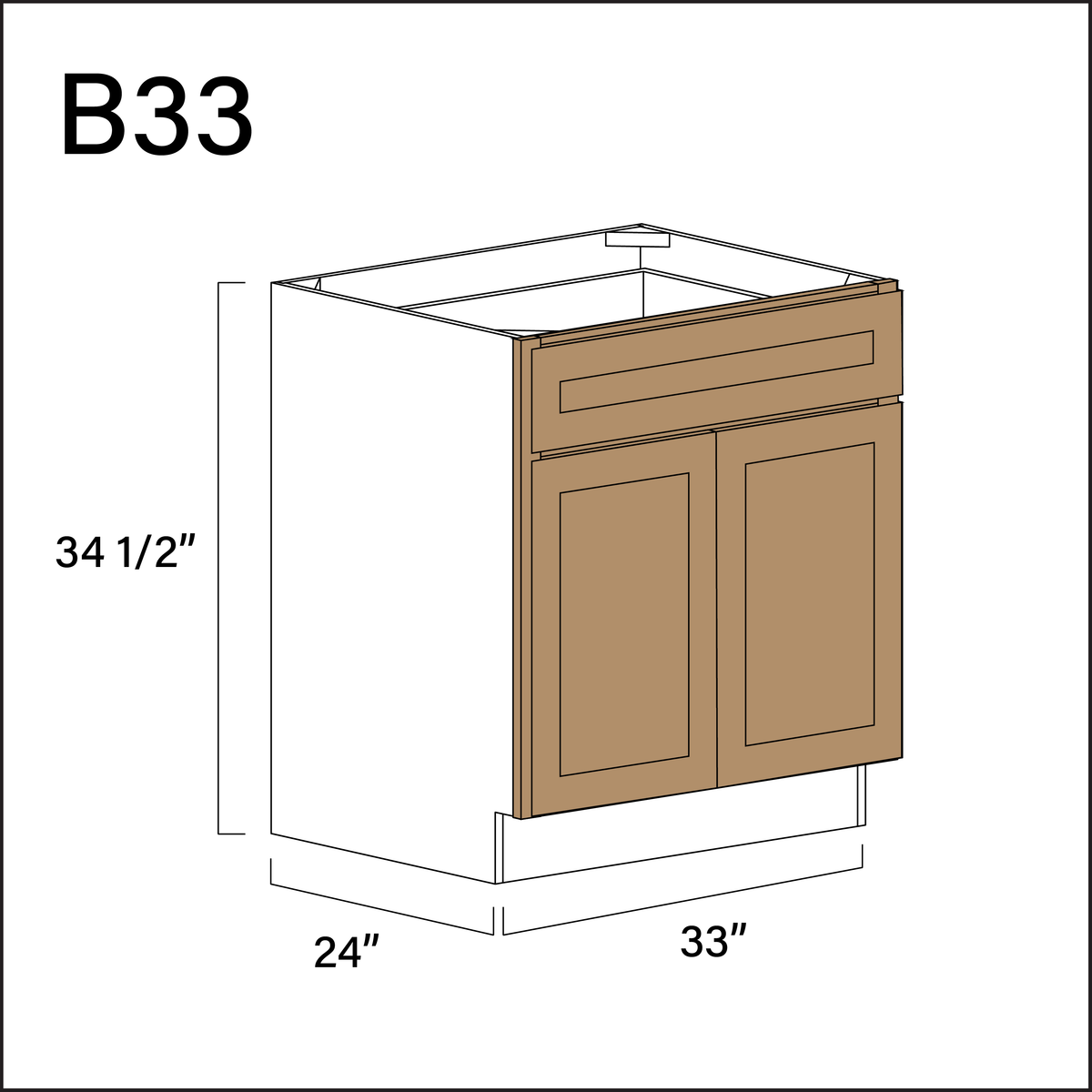 Wood Brown Shaker 1 Drawer 2 Door Kitchen Base Cabinet - 33" W x 34.5" H x 24" D