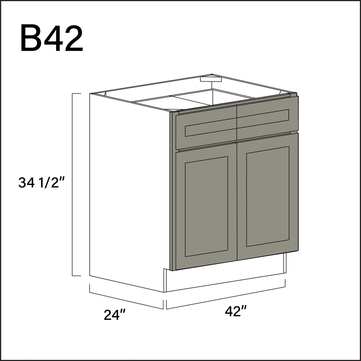 Dark Taupe Shaker 2 Drawer 2 Door Kitchen Base Cabinet - 42" W x 34.5" H x 24" D APEX Cabinetry