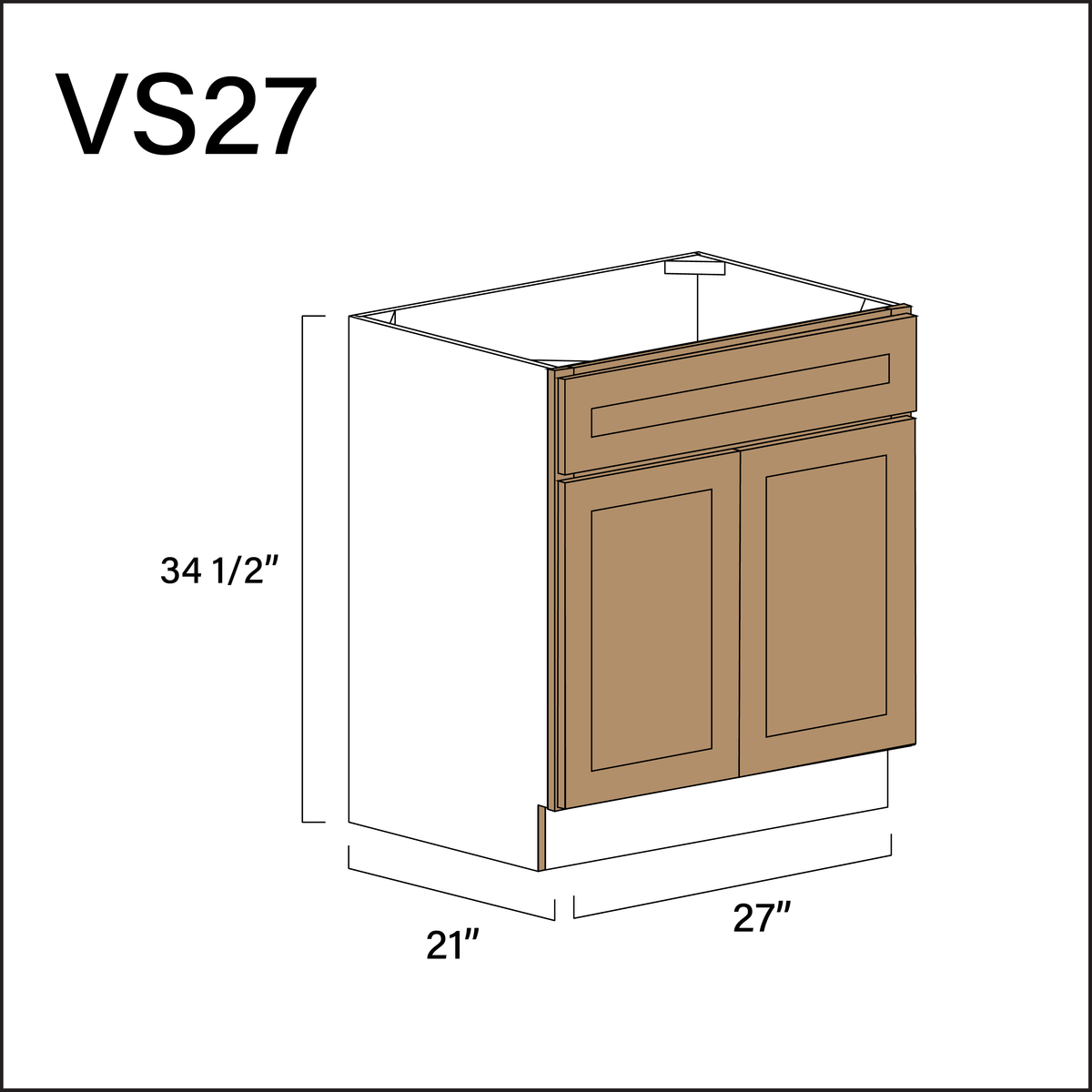 Wood Brown Shaker Vanity Sink Base Cabinet - 27" W x 34.5" H x 21" D