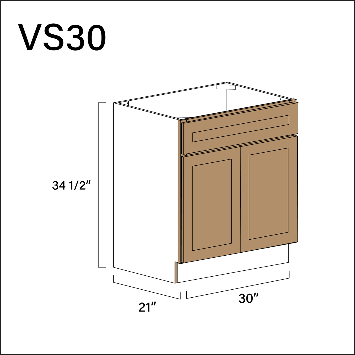 Wood Brown Shaker Vanity Sink Base Cabinet - 30" W x 34.5" H x 21" D