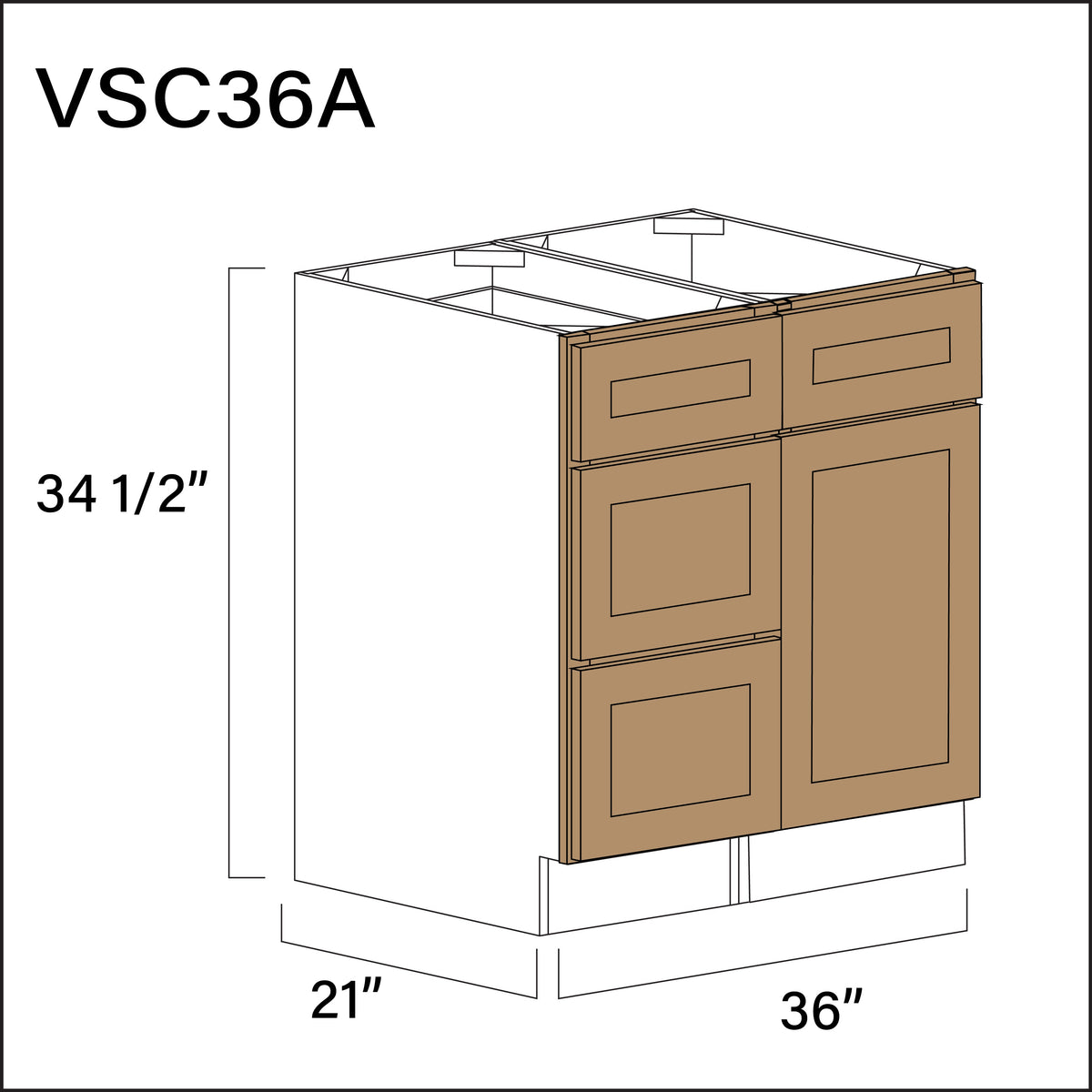 Wood Brown Shaker Vanity Sink Combo A Cabinets - 36" W x 34.5" H x 21" D