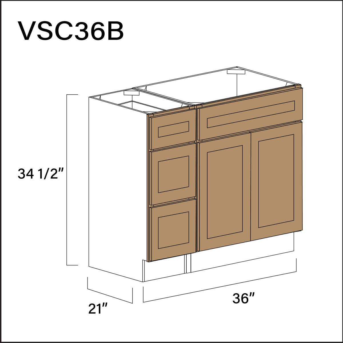 Wood Brown Shaker Vanity Sink Combo B Cabinets - 36" W x 34.5" H x 21" D