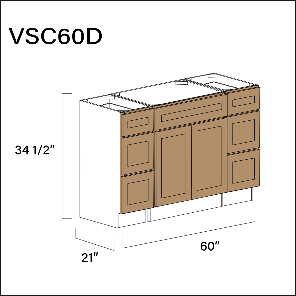 Wood Brown Shaker Vanity Sink Combo D Cabinets - 60" W x 34.5" H x 21" D