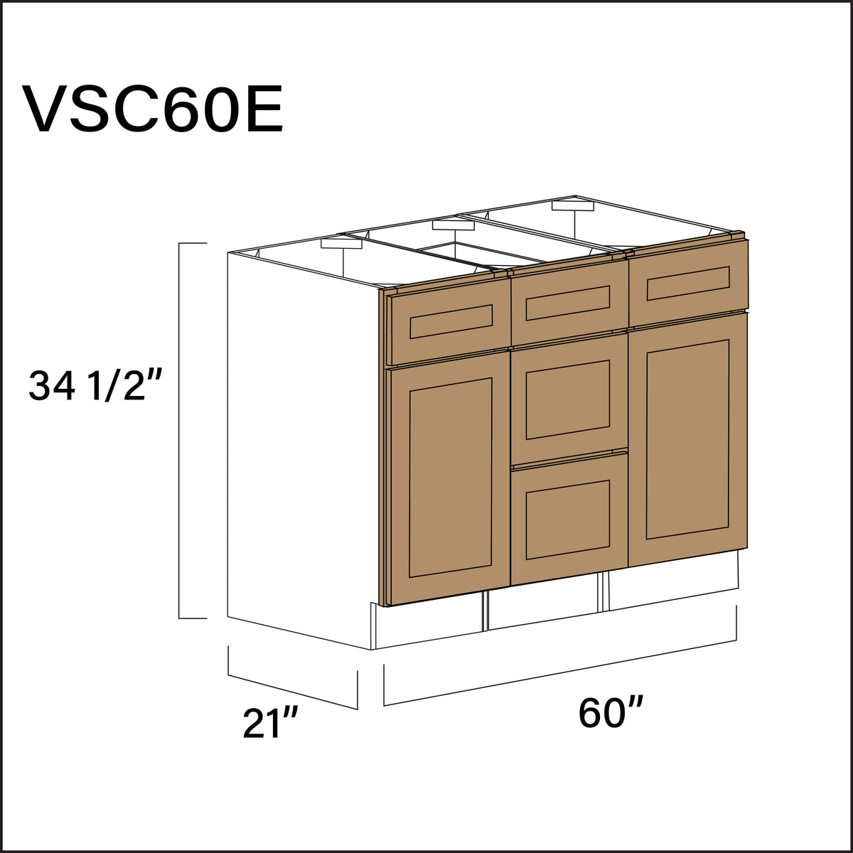 Wood Brown Shaker Vanity Sink Combo E Cabinets - 60" W x 34.5" H x 21" D