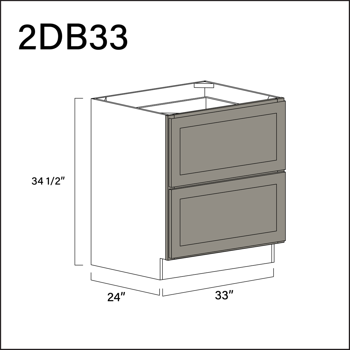 Dark Taupe Shaker 2 Drawer Kitchen Base Cabinet - 33" W x 34.5" H x 24" D