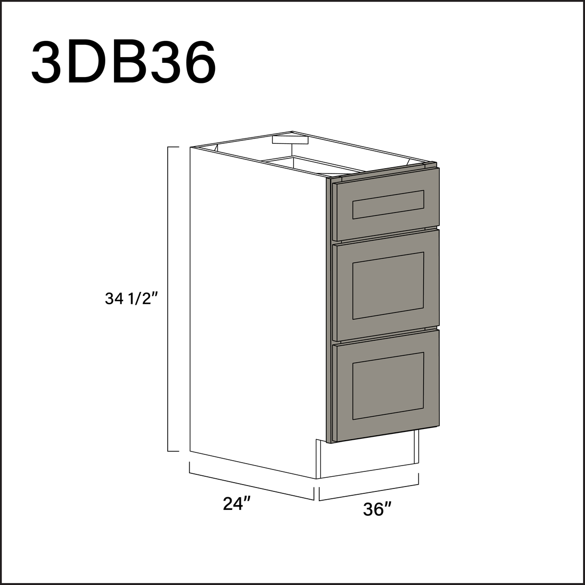 Dark Taupe Shaker 3 Drawer Kitchen Base Cabinet - 36" W x 34.5" H x 24" D