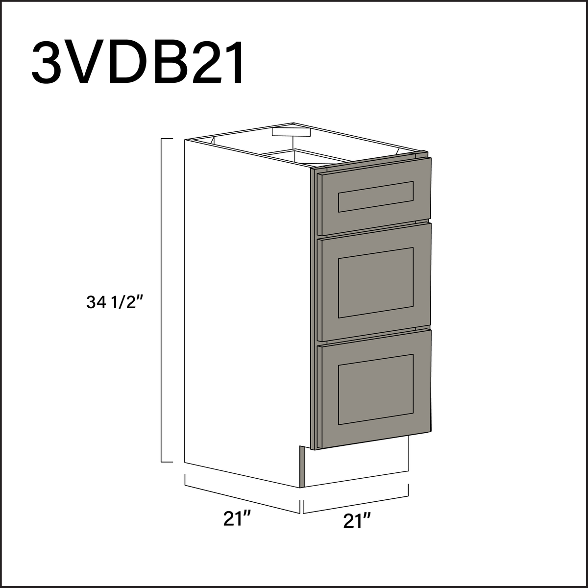 Dark Taupe Shaker Vanity 3-Drawer Storage Cabinet - 21" W x 34.5" H x 21" D