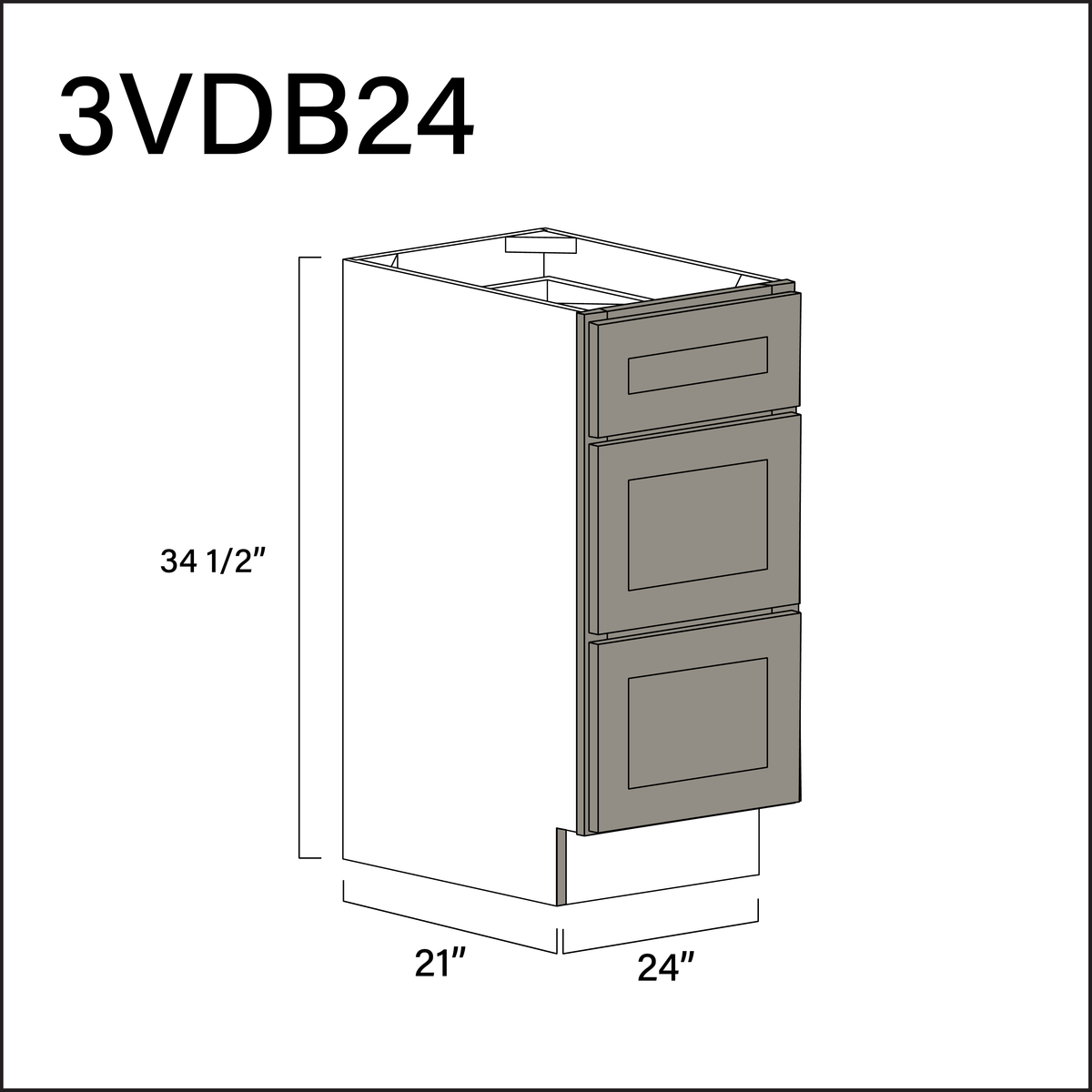 Dark Taupe Shaker Vanity 3-Drawer Storage Cabinet - 24" W x 34.5" H x 21" D