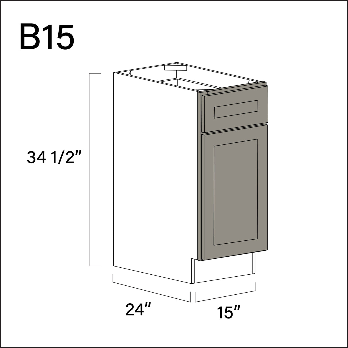 Dark Taupe Shaker 1 Drawer 1 Door Kitchen Base Cabinet - 15" W x 34.5" H x 24" D