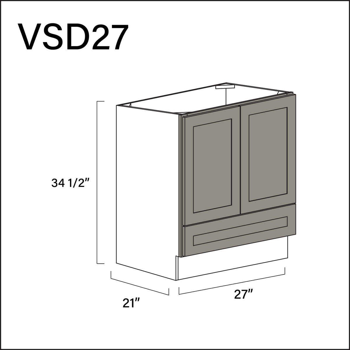 Dark Taupe Shaker Bottom Drawer Vanity Sink Base Cabinet - 27" W x 34.5" H x 21" D