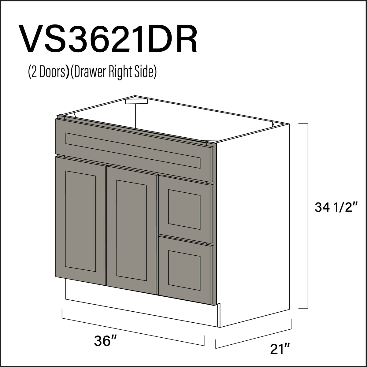 Dark Taupe Shaker 2-Drawer Vanity (R) Base Cabinet - 36" W x 34.5" H x 21" D