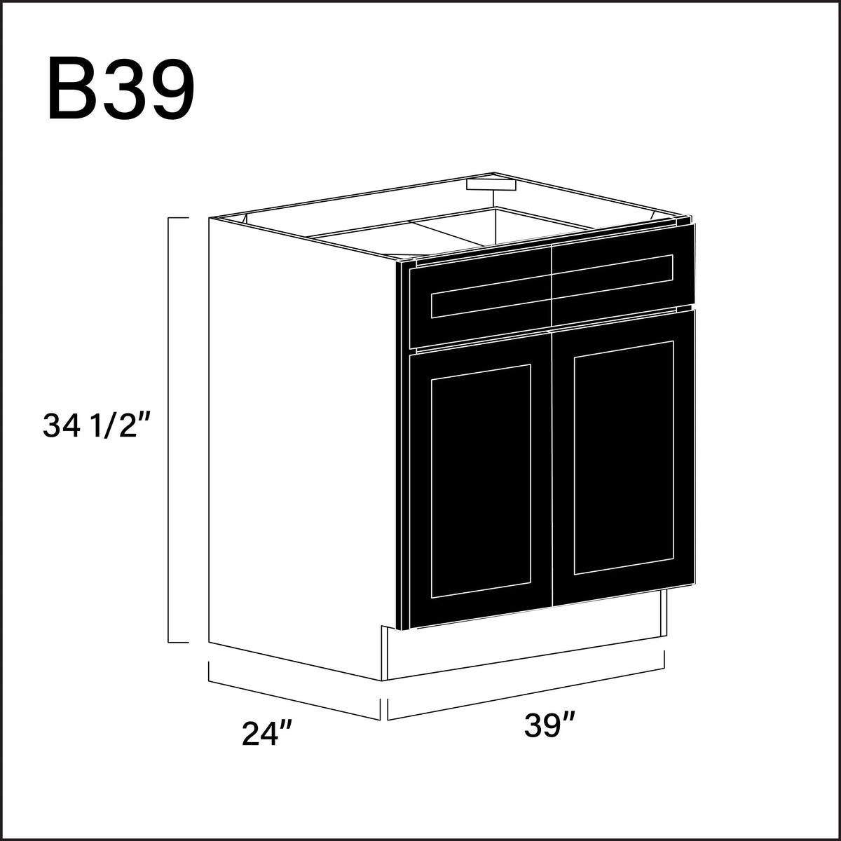 Black Shaker 2 Drawer 2 Door Kitchen Base Cabinet - 39" W x 34.5" H x 24" D APEX Cabinetry