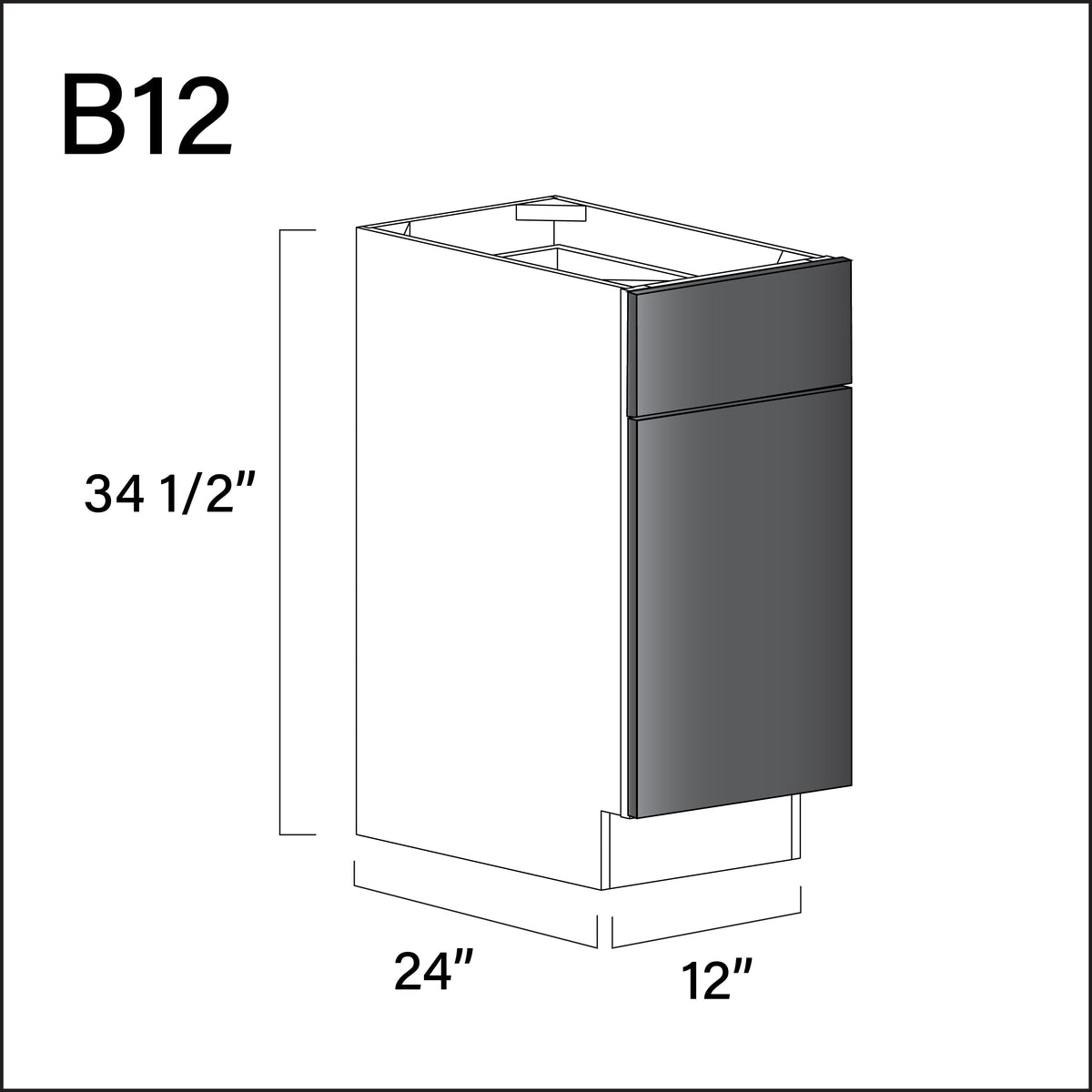 Glossy Gray Frameless 1 Drawer 1 Door Kitchen Base Cabinet - 12" W x 34.5" H x 24" D