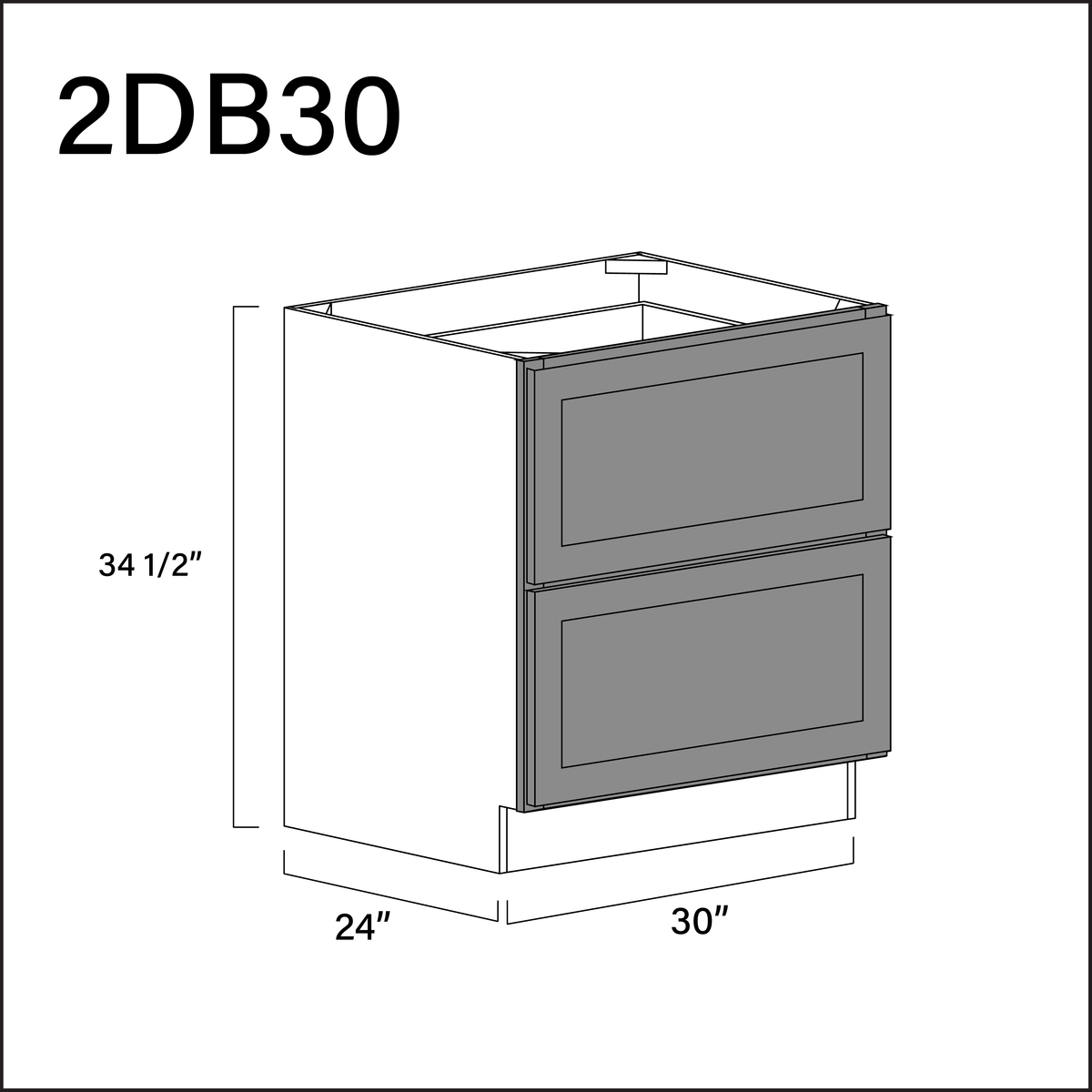 Earth Grey Shaker 2 Drawer Kitchen Base Cabinet - 30" W x 34.5" H x 24" D