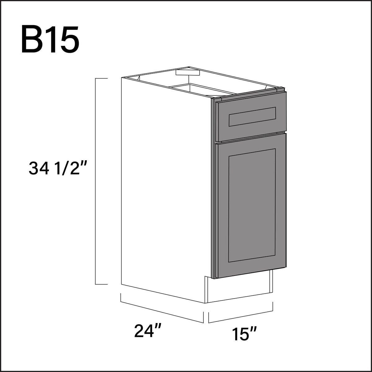 Earth Grey Shaker 1 Drawer 1 Door Kitchen Base Cabinet - 15" W x 34.5" H x 24" D