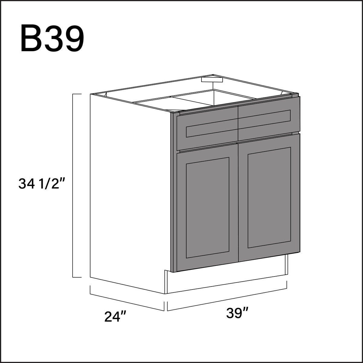 Earth Grey Shaker 2 Drawer 2 Door Kitchen Base Cabinet - 39" W x 34.5" H x 24" D