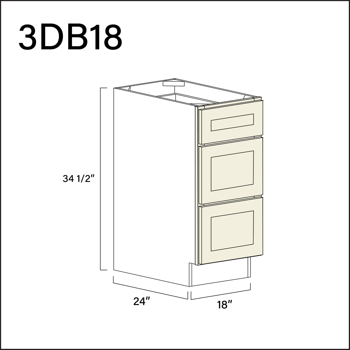 Milkshake White 3 Drawer Kitchen Base Cabinet - 18" W x 34.5" H x 24" D