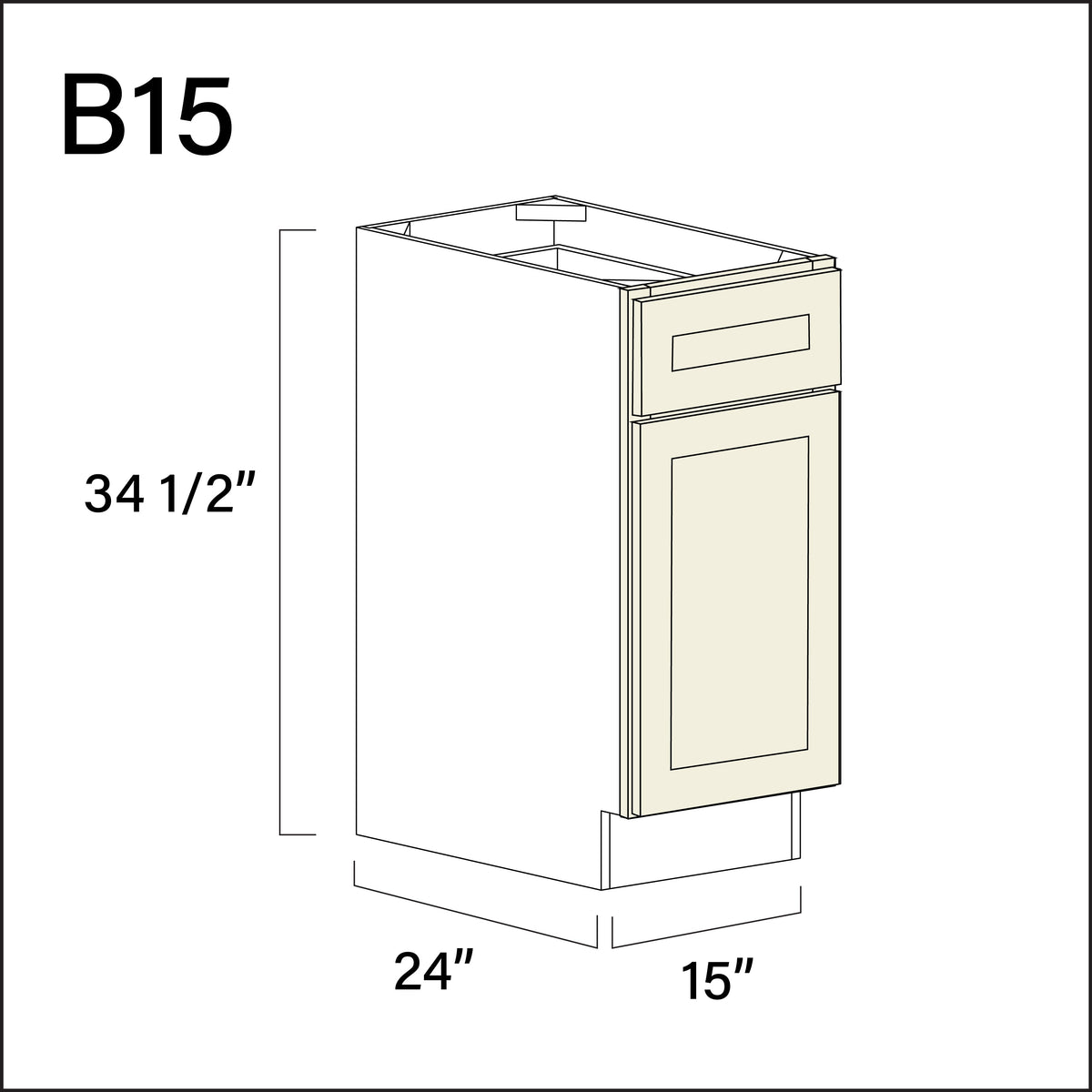 Milkshake White 1 Drawer 1 Door Kitchen Base Cabinet - 15" W x 34.5" H x 24" D