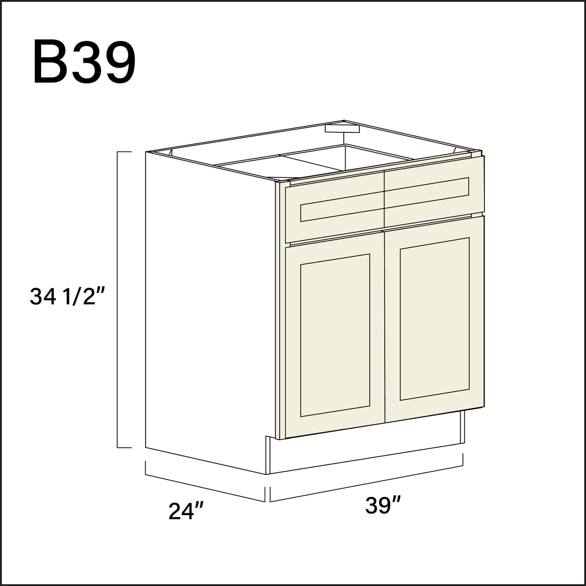 Milkshake White 2 Drawer 2 Door Kitchen Base Cabinet - 39" W x 34.5" H x 24" D