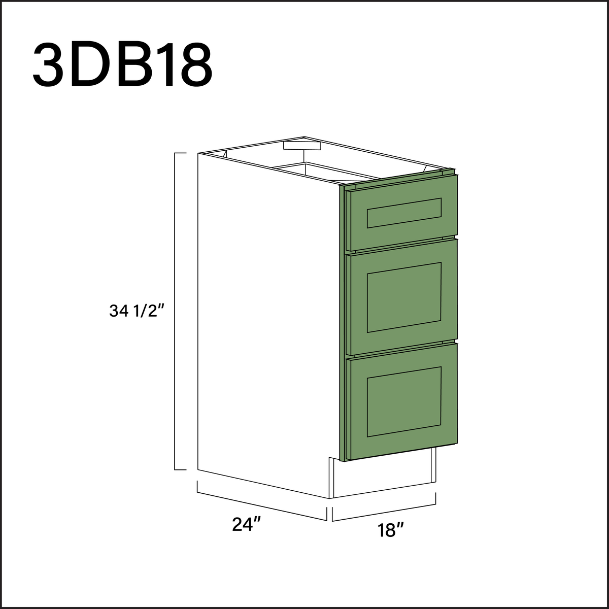 Emerald Green Shaker 3 Drawer Kitchen Base Cabinet - 18" W x 34.5" H x 24" D