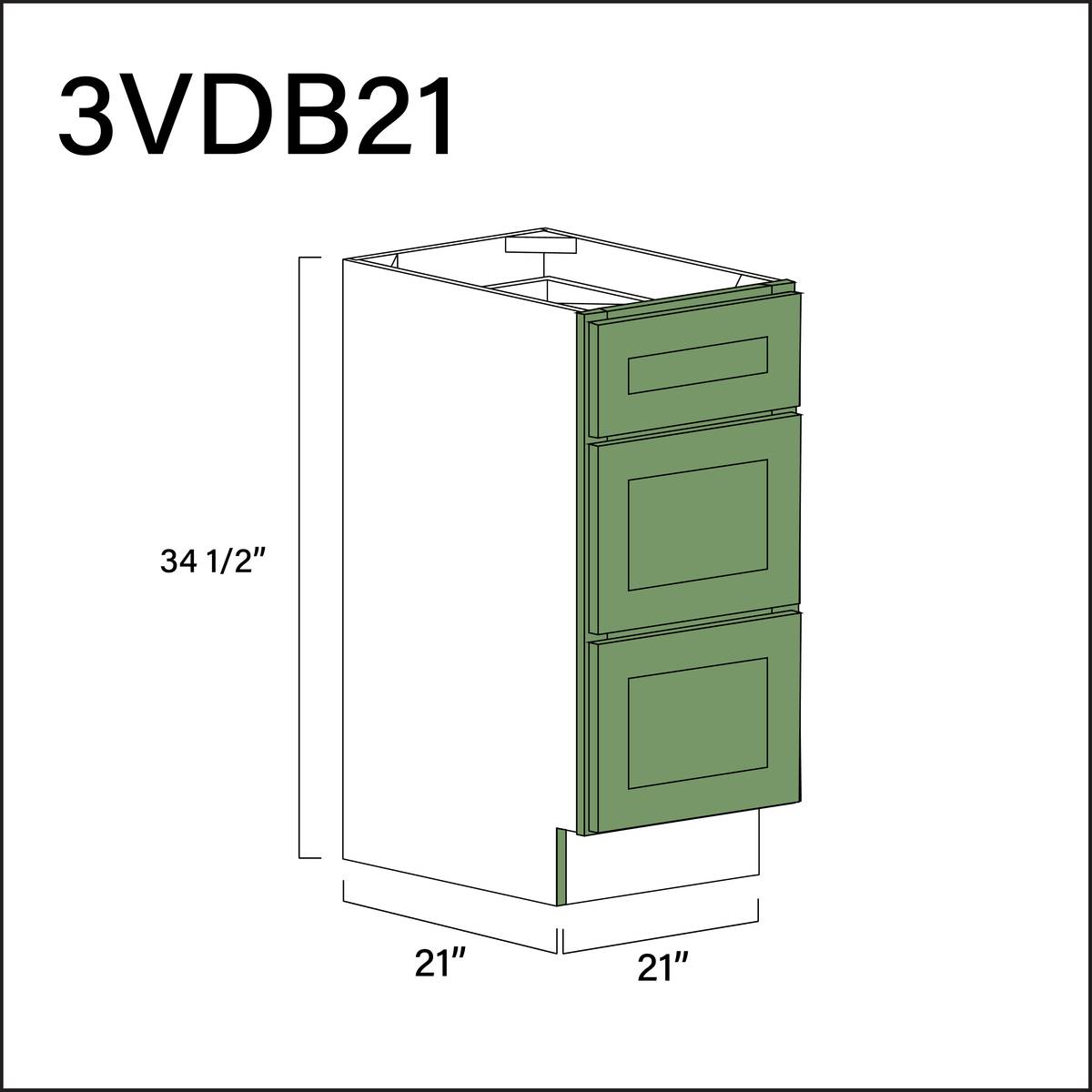 Emerald Green Shaker Vanity 3-Drawer Storage Cabinet - 21" W x 34.5" H x 21" D