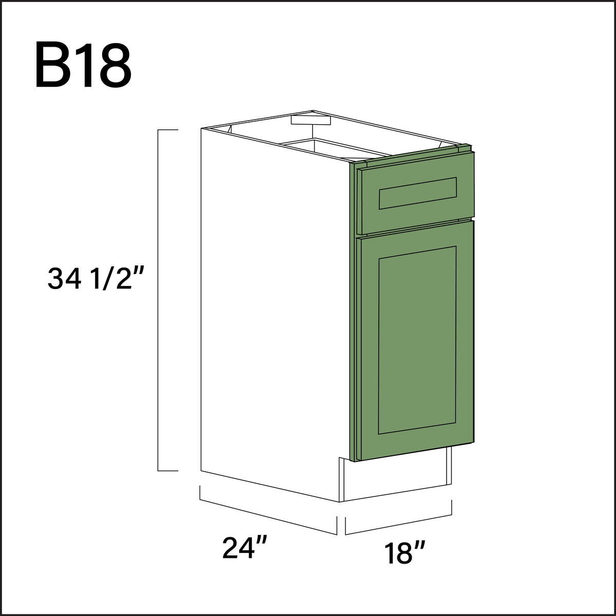 Emerald Green Shaker 1 Drawer 1 Door Kitchen Base Cabinet - 18" W x 34.5" H x 24" D
