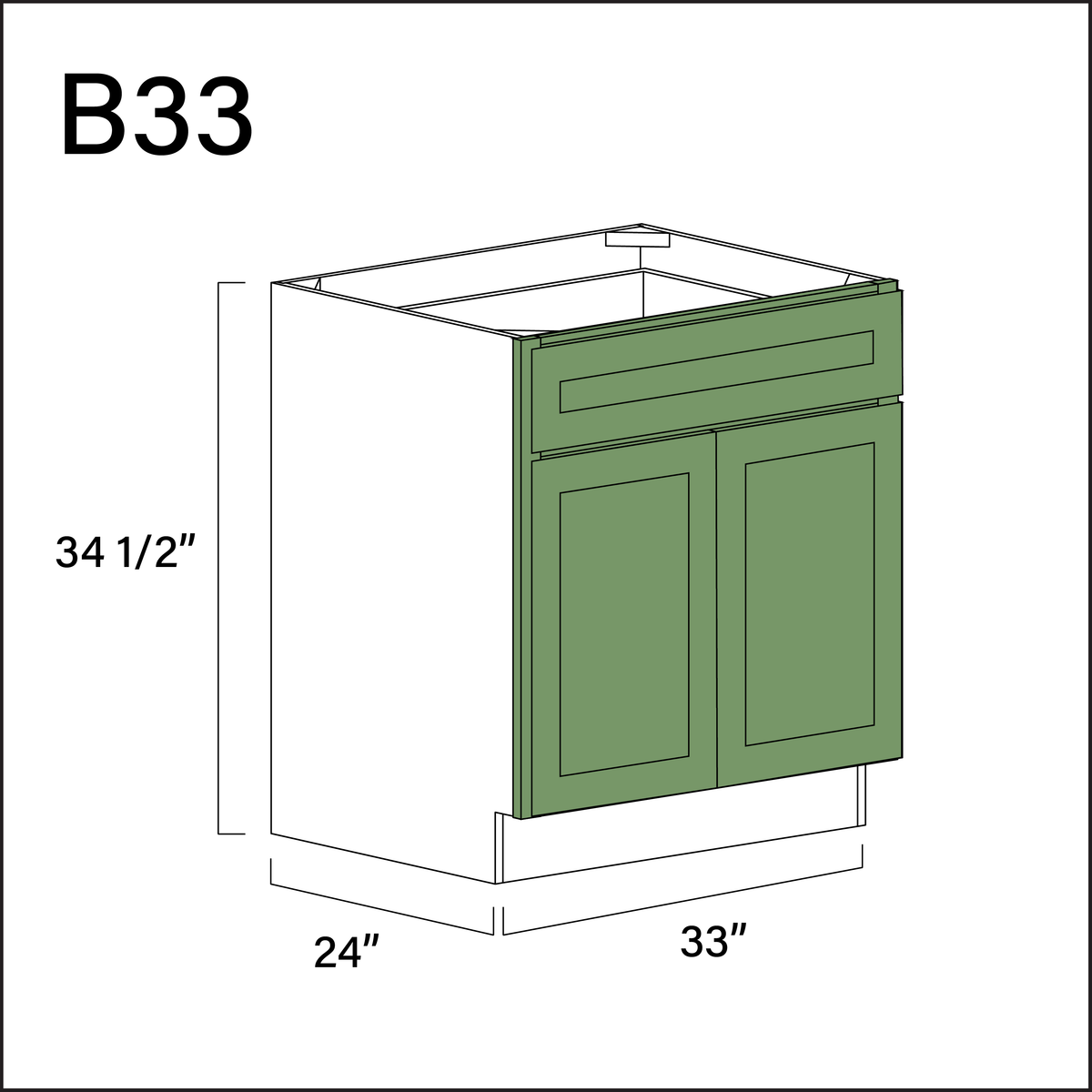 Emerald Green Shaker 1 Drawer 2 Door Kitchen Base Cabinet - 33" W x 34.5" H x 24" D