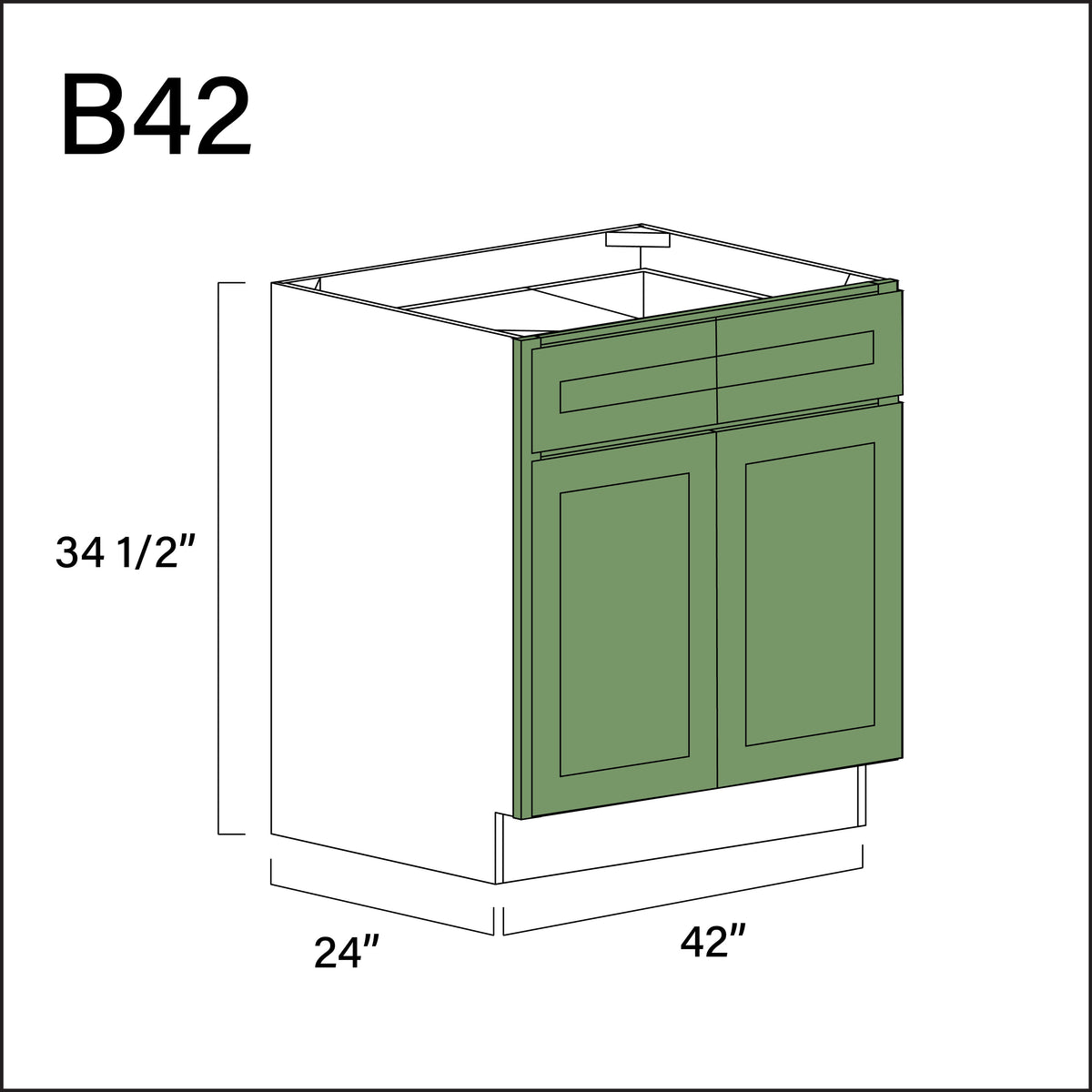 Emerald Green Shaker 2 Drawer 2 Door Kitchen Base Cabinet - 42" W x 34.5" H x 24" D
