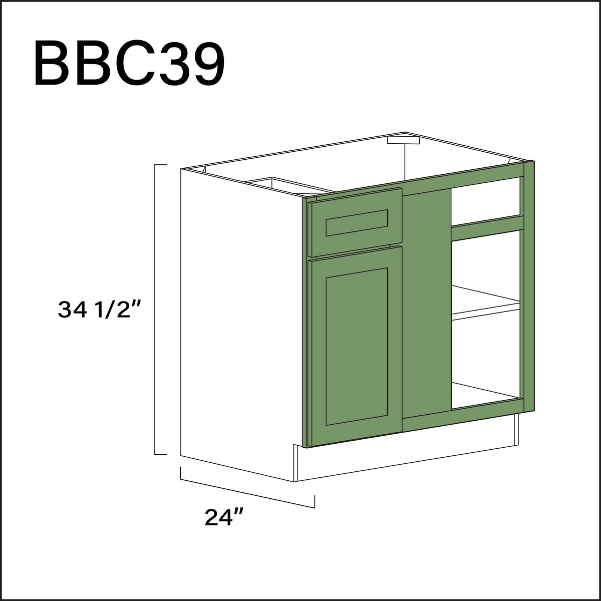 Emerald Green Shaker Base Blind Corner Cabinet - 36" W x 34.5" H x 24" D