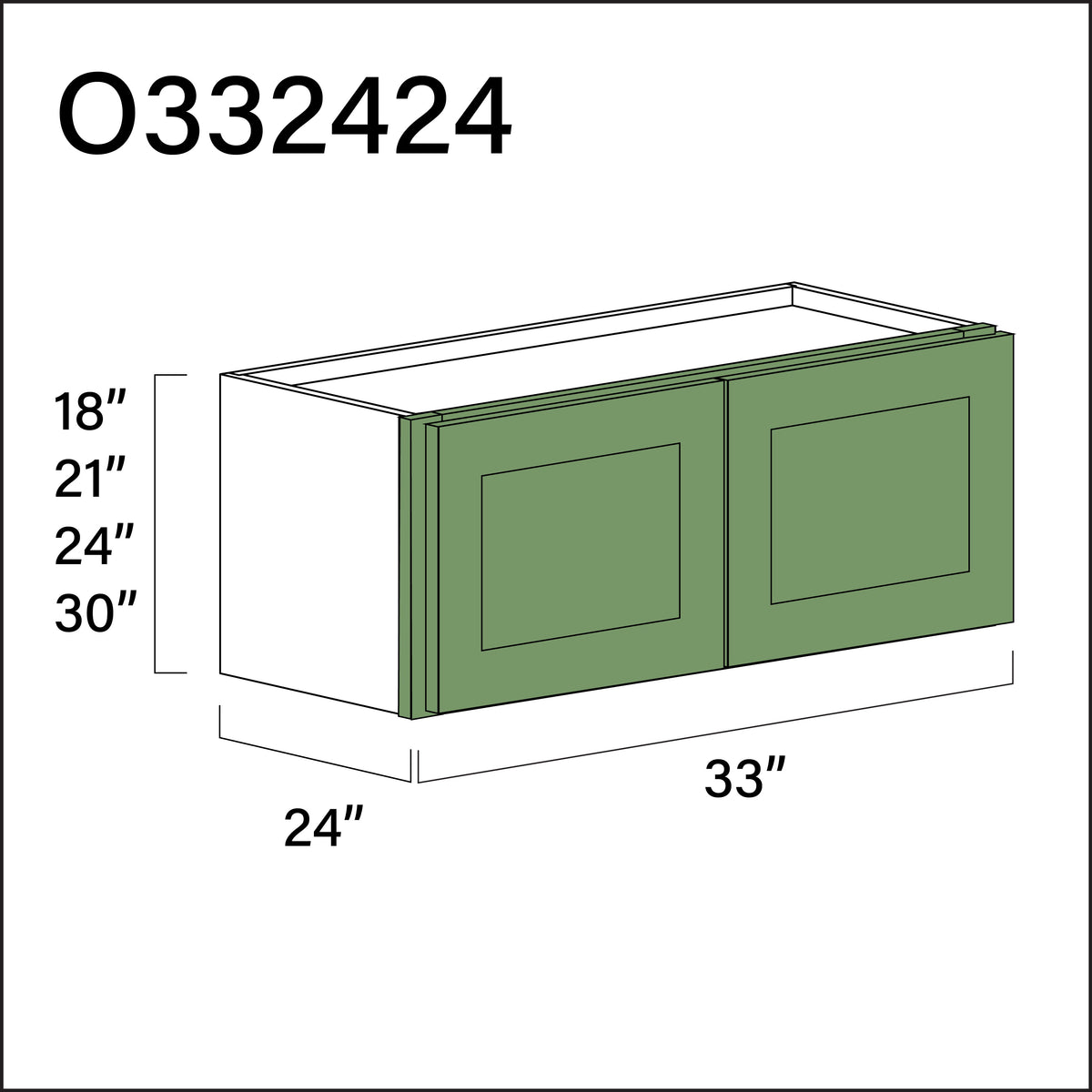 Emerald Green Shaker Double Door Oven Upper Cabinet - 33" W x 24" H x 24" D