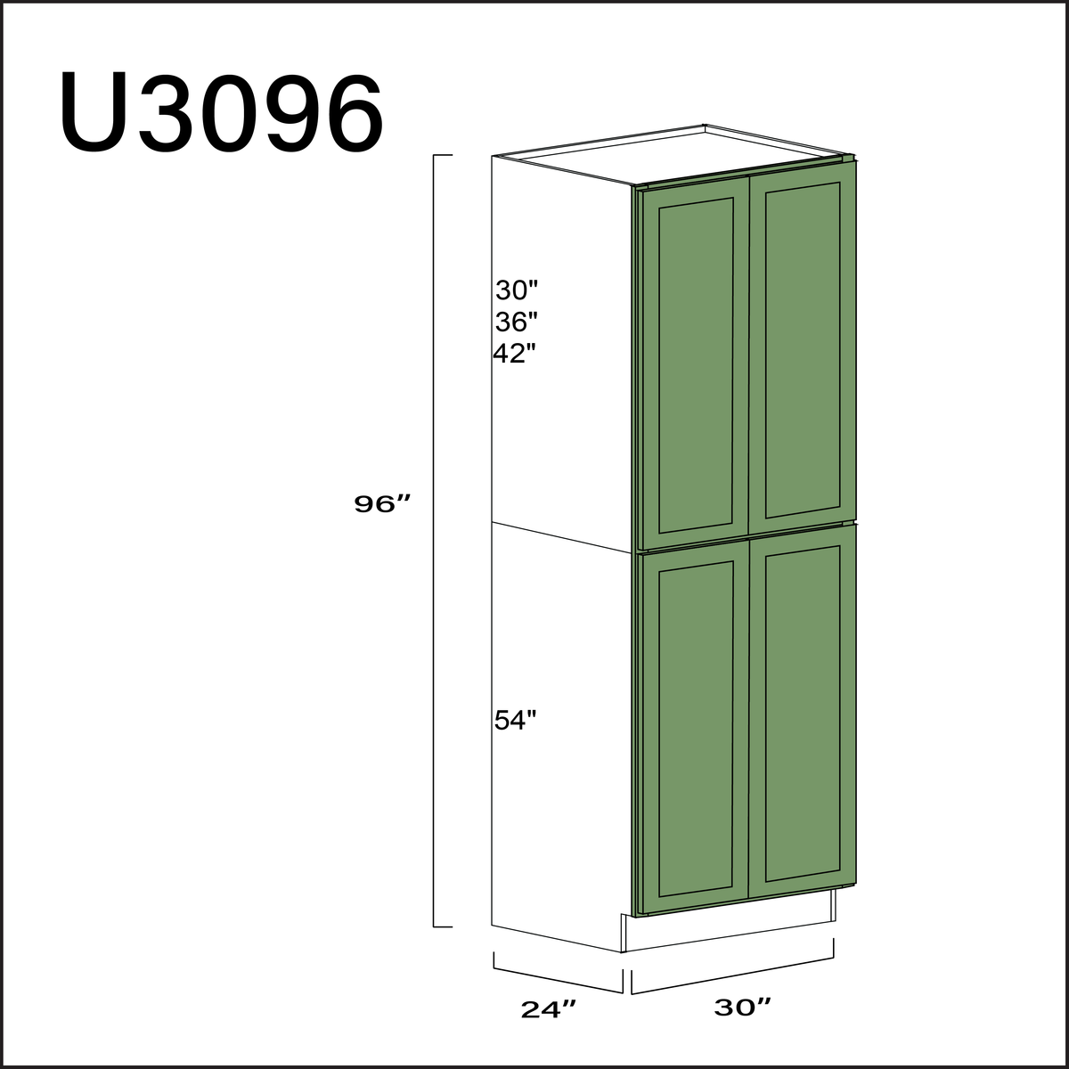 Emerald Green Shaker Double Door Pantry Cabinet - 30" W x 96" H x 24" D