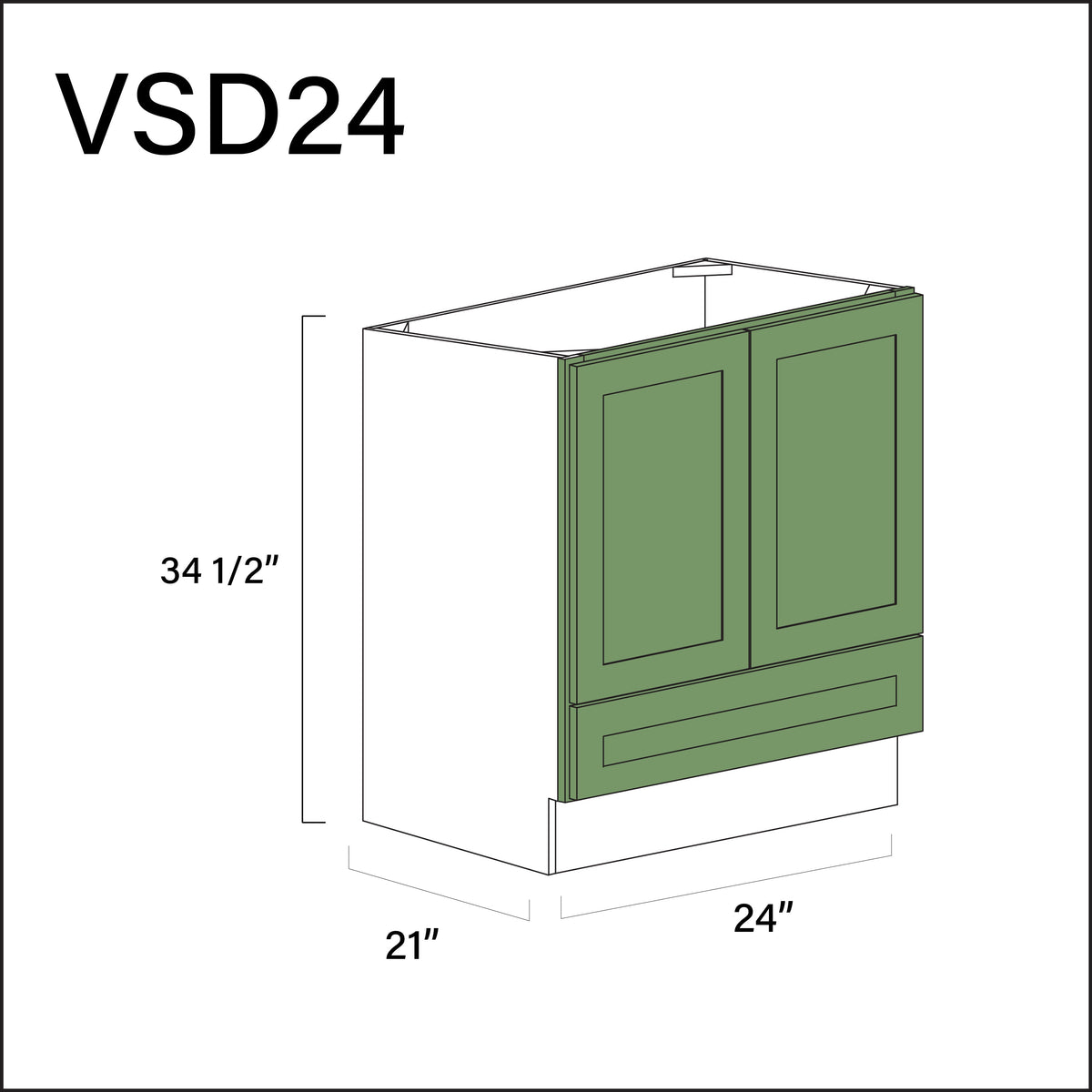 Emerald Green Shaker Bottom Drawer Vanity Sink Base Cabinet - 24" W x 34.5" H x 21" D