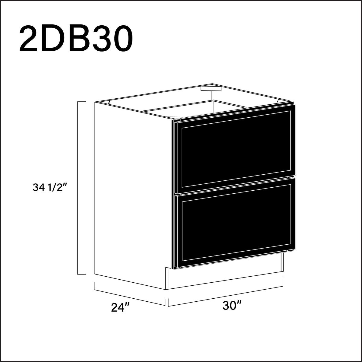 Black Slim Shaker 2 Drawer Kitchen Base Cabinet - 30" W x 34.5" H x 24" D