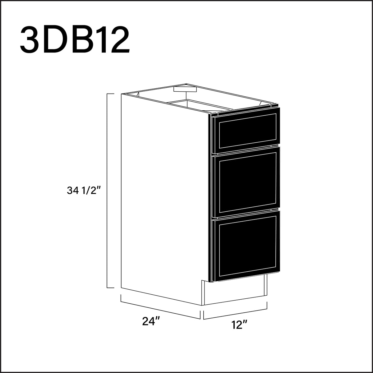Black Slim Shaker 3 Drawer Kitchen Base Cabinet - 12" W x 34.5" H x 24" D
