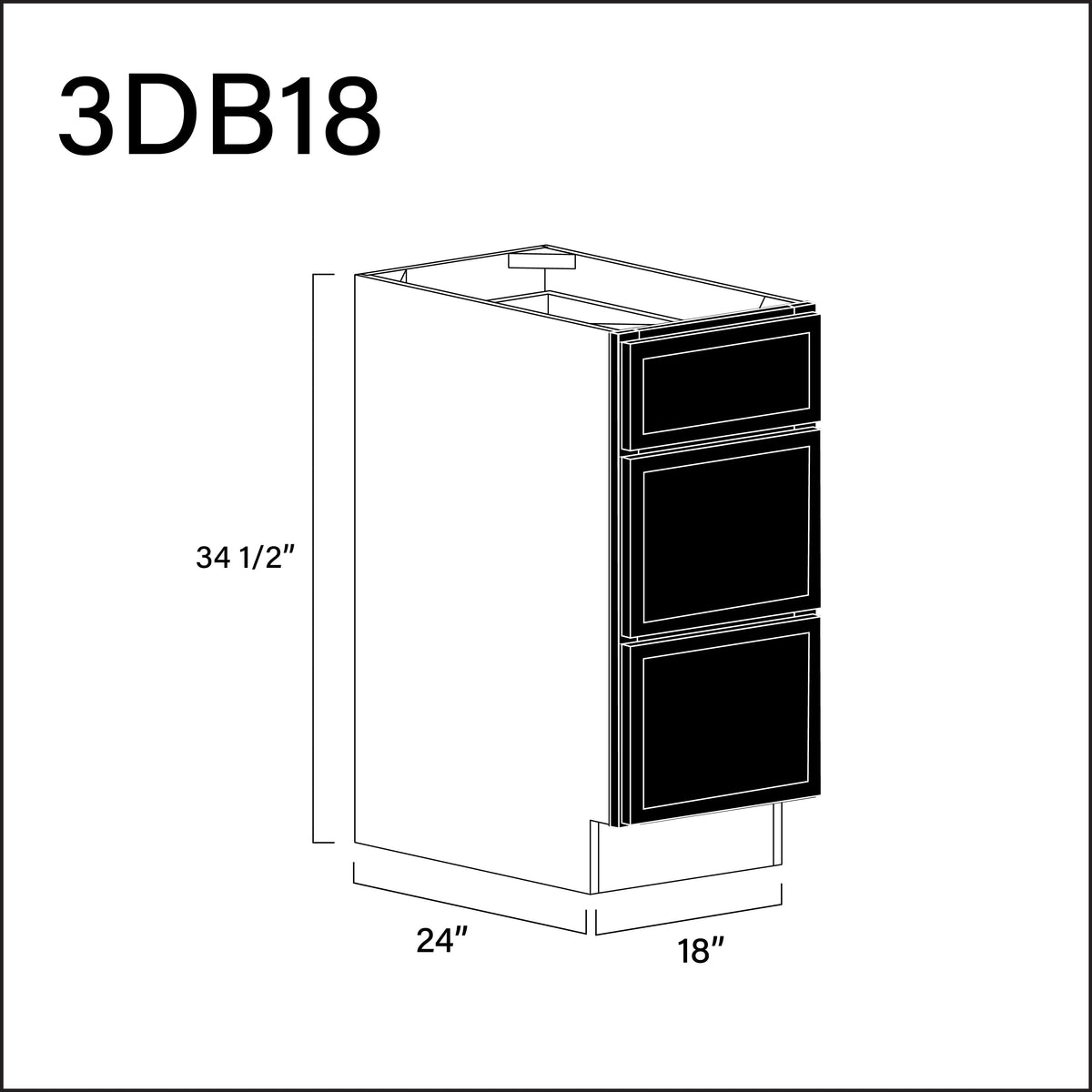 Black Slim Shaker 3 Drawer Kitchen Base Cabinet - 18" W x 34.5" H x 24" D