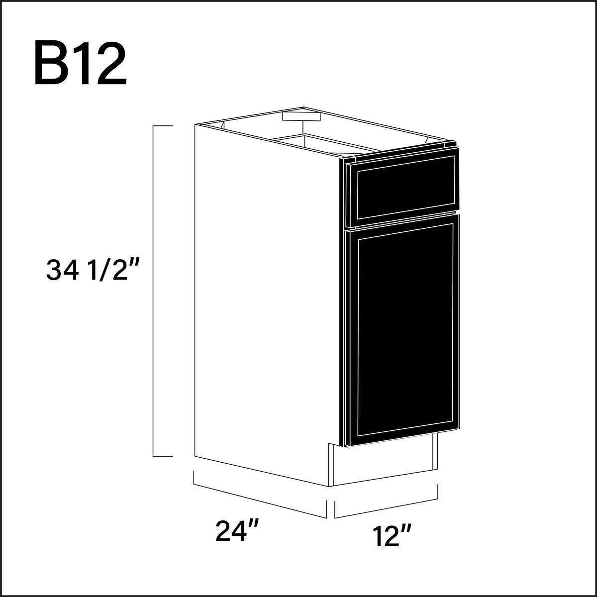 Black Slim Shaker 1 Drawer 1 Door Kitchen Base Cabinet - 12" W x 34.5" H x 24" D