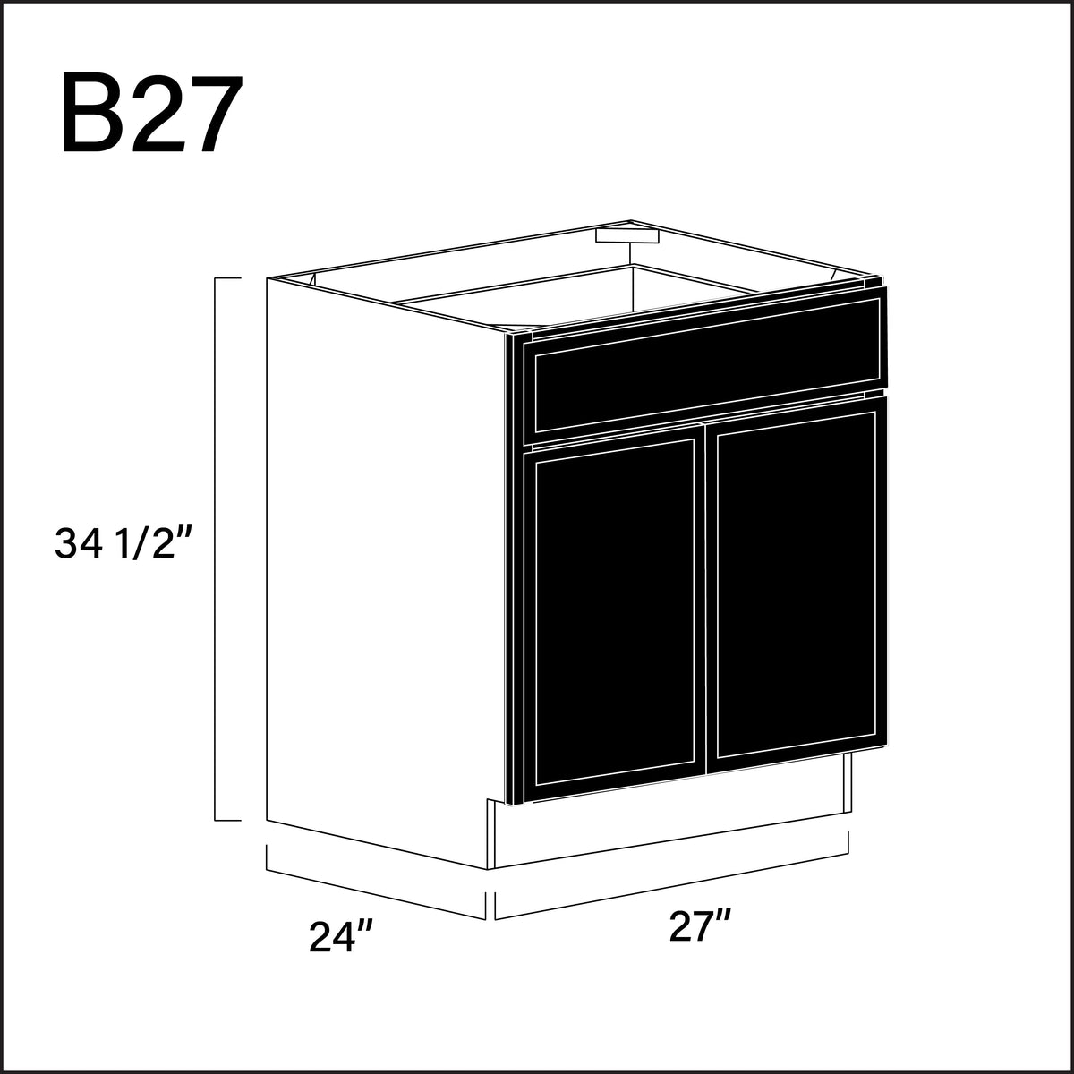 Black Slim Shaker 1 Drawer 2 Door Kitchen Base Cabinet - 27" W x 34.5" H x 24" D