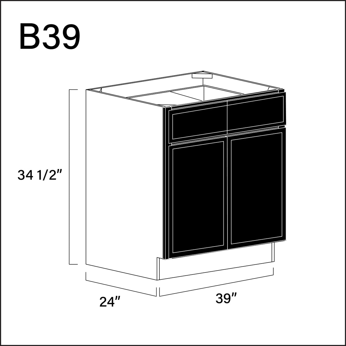 Black Slim Shaker 2 Drawer 2 Door Kitchen Base Cabinet - 39" W x 34.5" H x 24" D