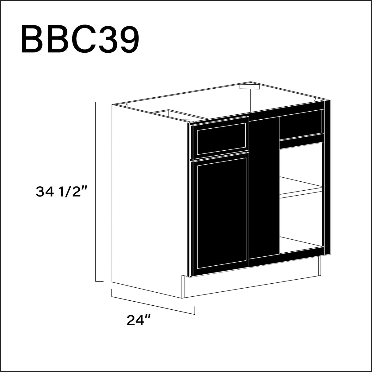 Black Slim Shaker Base Blind Corner Cabinet - 36" W x 34.5" H x 24" D