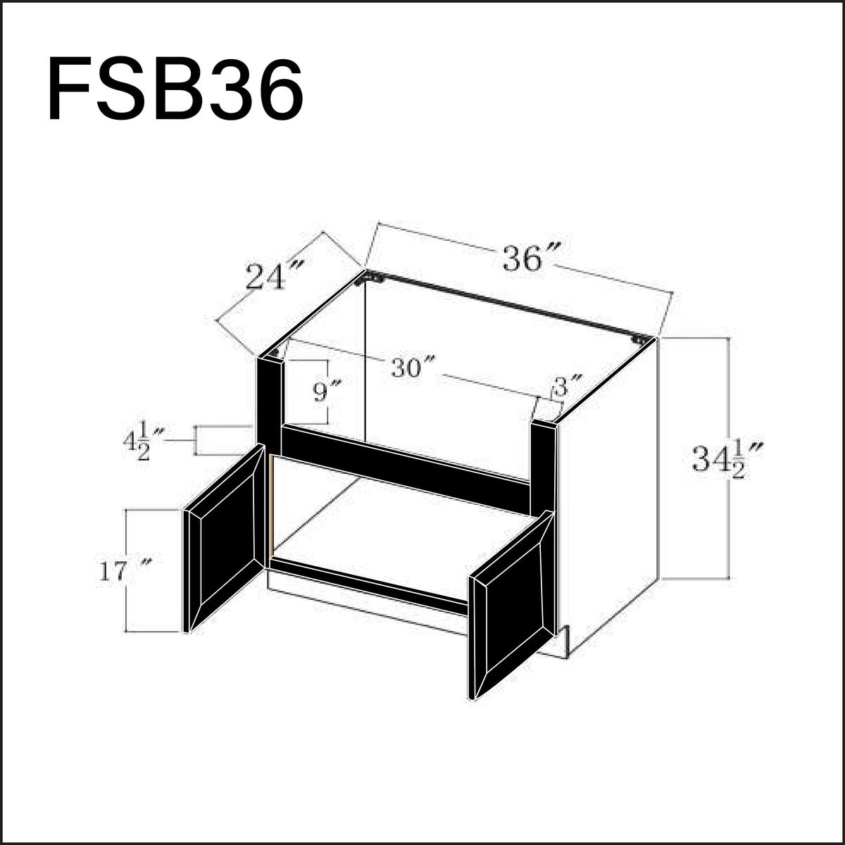 Black Slim Shaker Farmer Sink Base Kitchen Cabinet - 36" W x 34.5" H x 24" D
