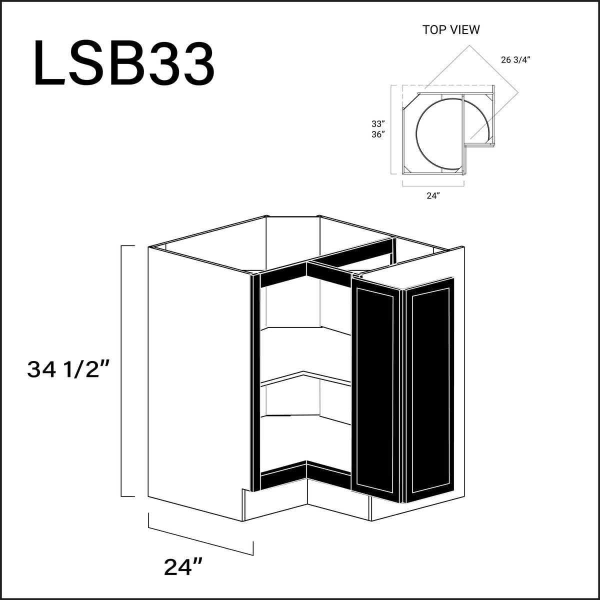 Black Slim Shaker Lazy Susan Kitchen Cabinet - 33" W x 34.5" H x 24" D