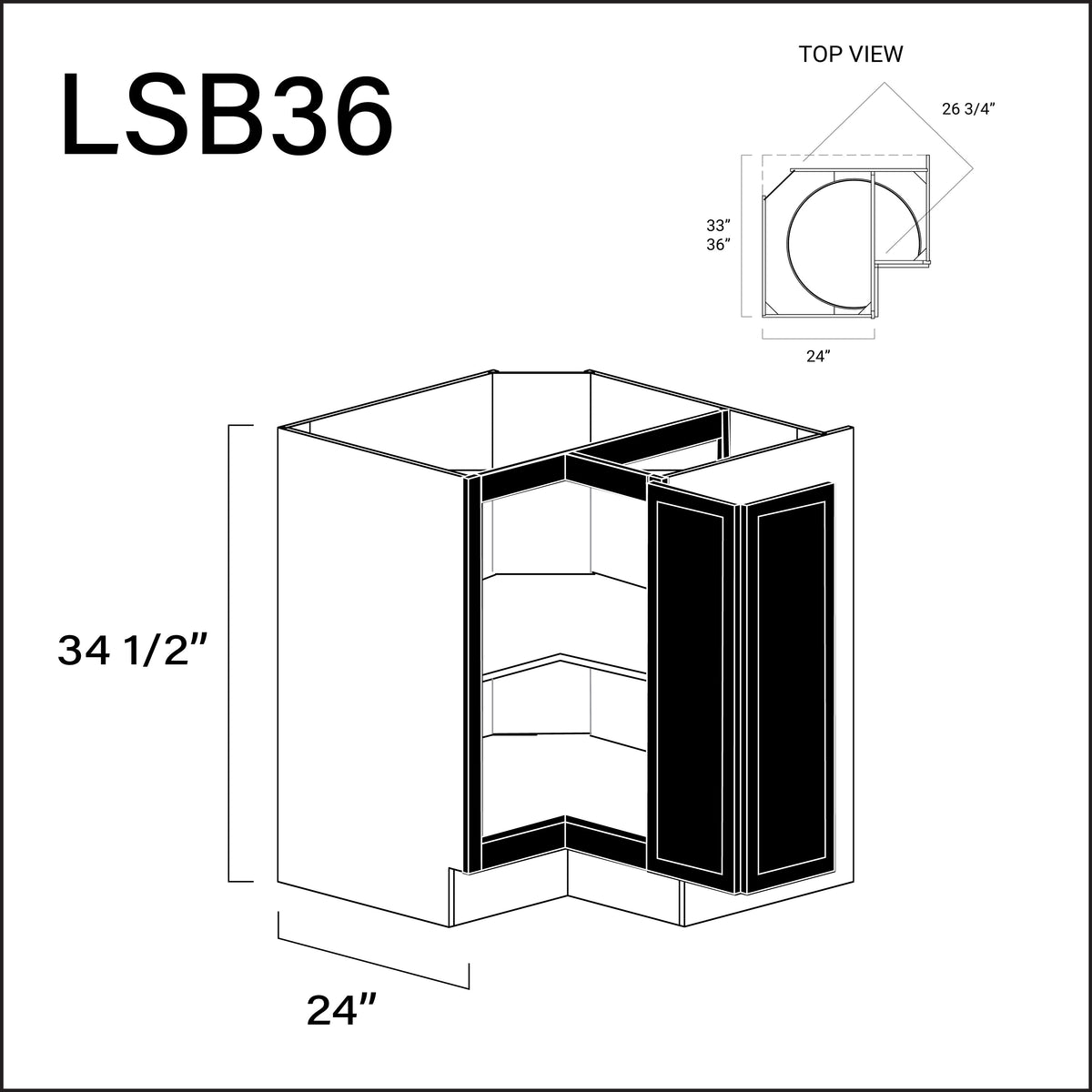 Black Slim Shaker Lazy Susan Kitchen Cabinet - 36" W x 34.5" H x 24" D