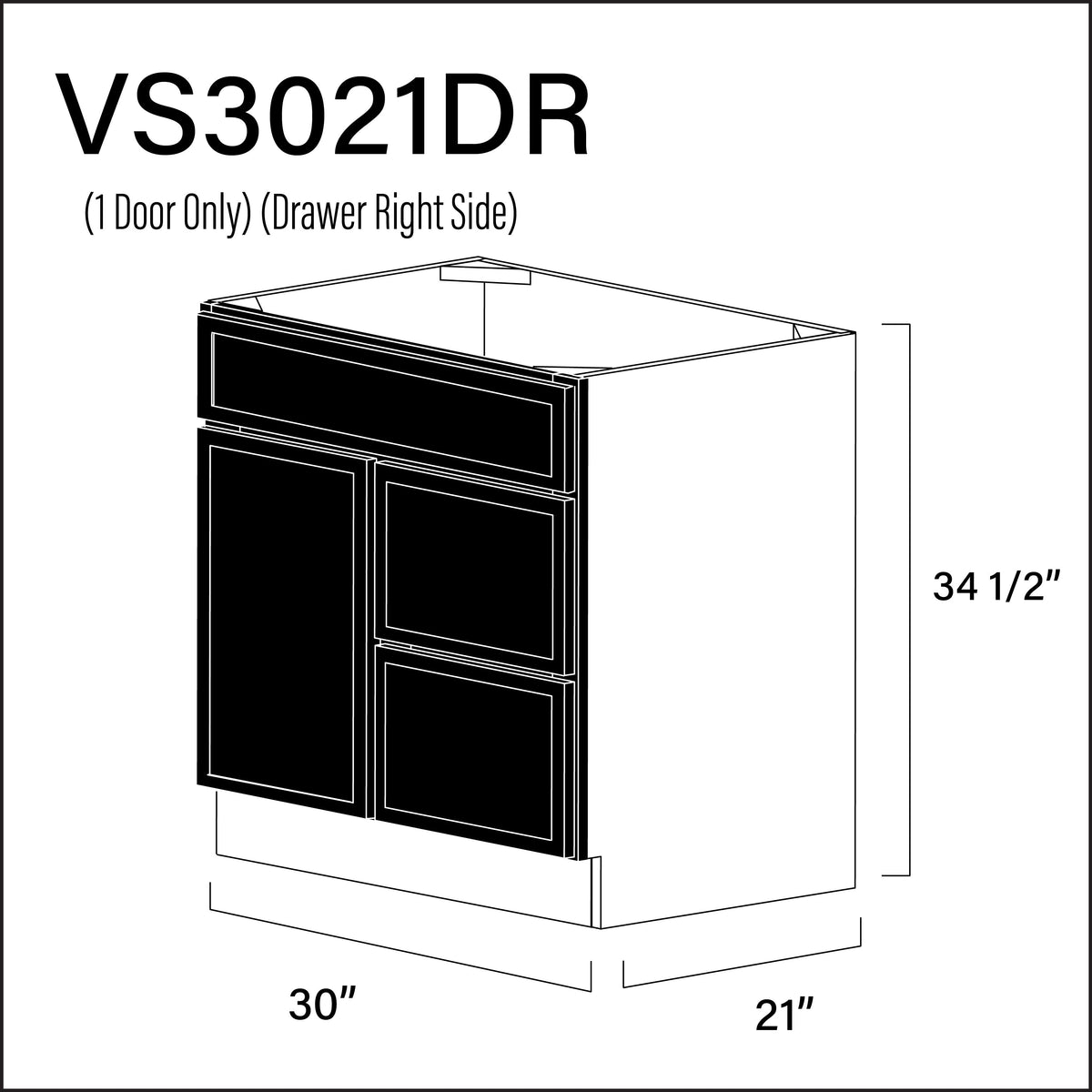 Black Slim Shaker 2-Drawer Vanity (R) Base Cabinet - 30" W x 34.5" H x 21" D