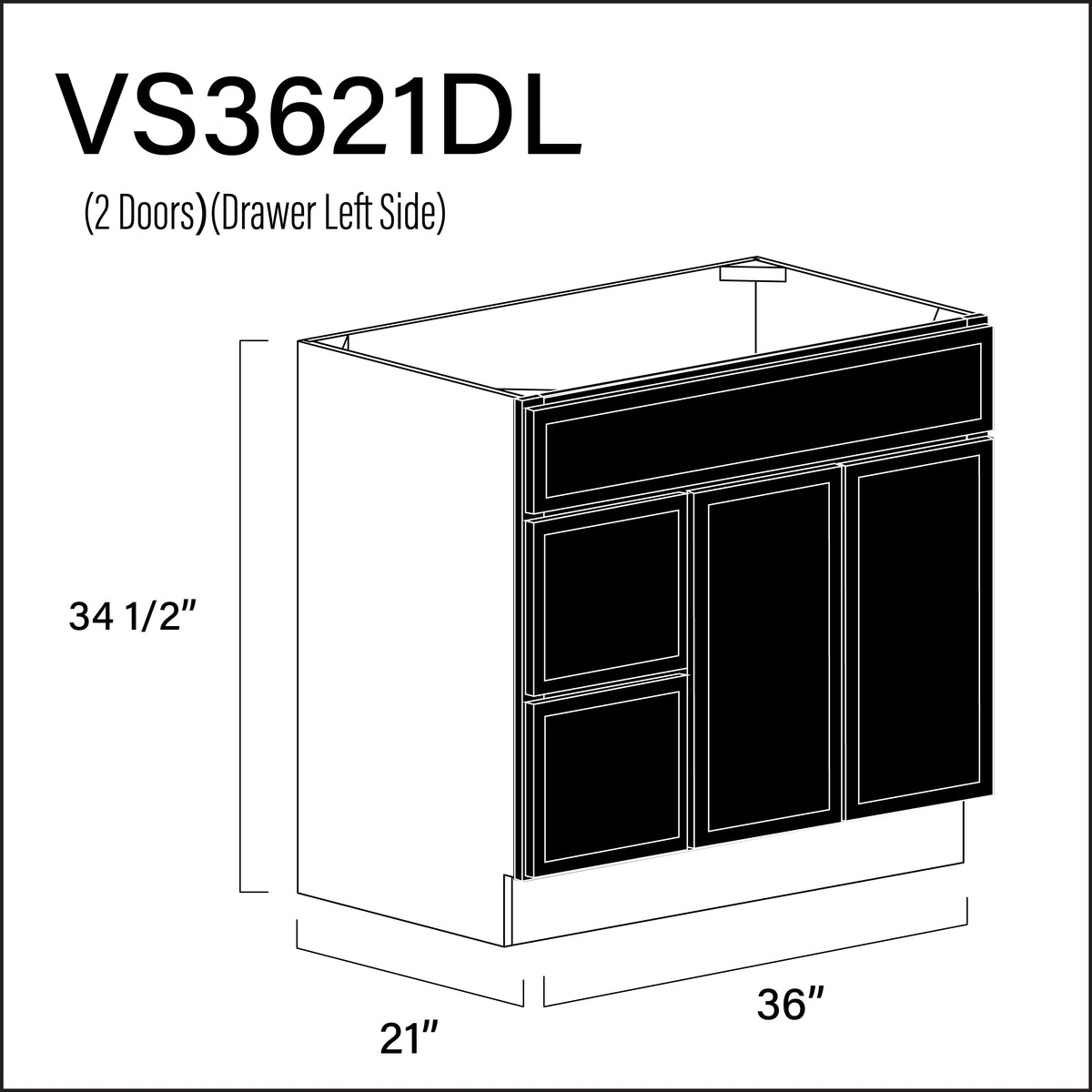 Black Slim Shaker 2-Drawer Vanity (L) Base Cabinet - 36" W x 34.5" H x 21" D