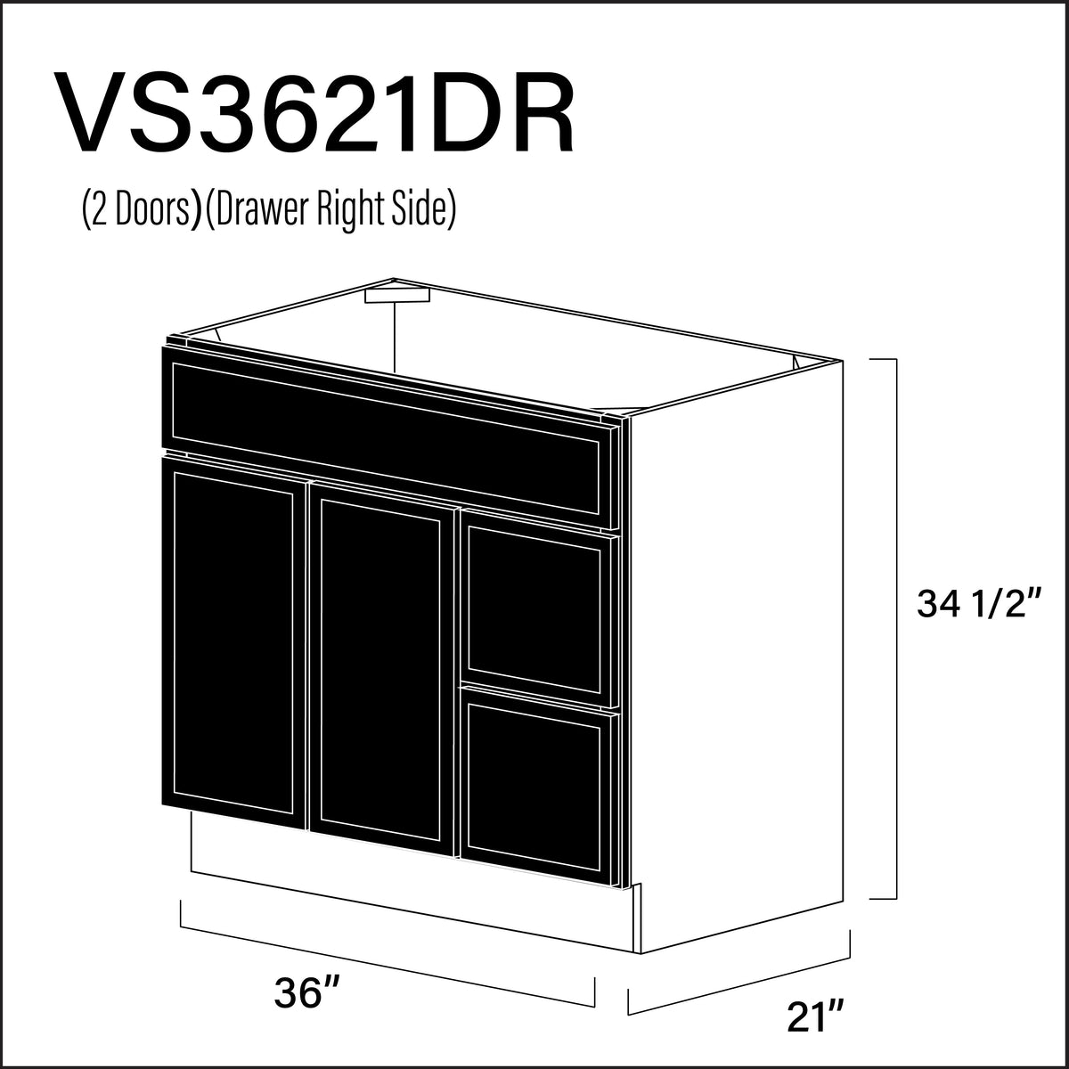 Black Slim Shaker 2-Drawer Vanity (R) Base Cabinet - 36" W x 34.5" H x 21" D