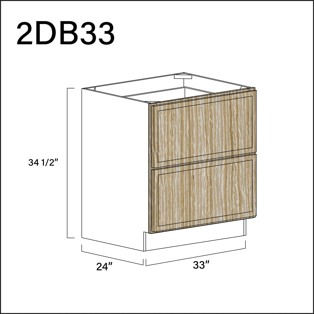 Oak Slim Shaker 2 Drawer Kitchen Base Cabinet - 33" W x 34.5" H x 24" D